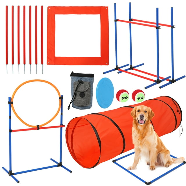 Dog Agile Course Backyard Set, Dog Obstacle Course Backyard with 2-Set Agility Hurdle,Jump Ring, Tunnel, Pause Box, 8 Weave Poles, Toy Balls & Portable Storage Bags,Dog Agility Equipment