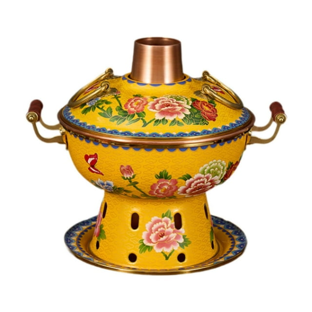 Olla caliente cloisonné, olla china Shabu Shabu, olla de cocina antigua de cobre Amarillo
