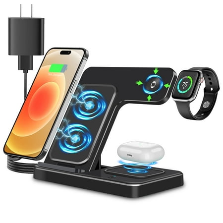 Wireless Charger, 15W QC 3.0 Magnetic Fast Charging Stand for iPhone 15 14 13 12 11 Pro Max/Plus/XS/XR/X/8, for Apple Watch 9/8/7/6/5/4/3/2/SE, for AirPods 3/2/Pro, 3 in 1 Wireless Charging Station