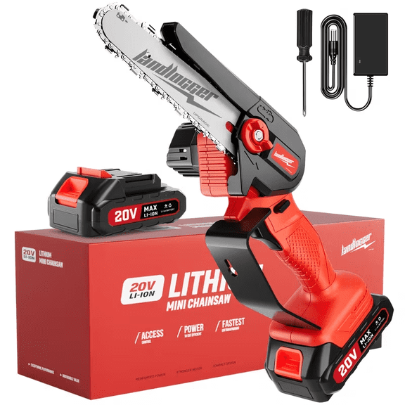 Red Cordless Mini Chainsaw, Brushless Handheld Electric Chain Saw with 2 Batteries & 2 Chains, Security Lock, One‑Hand Portable Pruning Saw for Tree Trimming Wood Cutting, Garden Yard Use