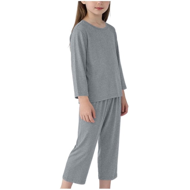Top de Manga Larga Y Pantalones de Cintura Elásticos para Niños Color Sólido Cuello Redondo Home Wear, Mezcla de Algodón Suave Casual