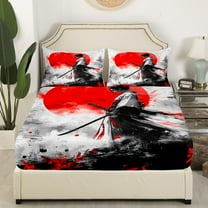 Castle Fairy Japanese Samurai 3pcs Twin Sheet Sets,Watercolor Splash Twin Fitted Sheet,Abstract Vintage Breathable Flat Sheet,Super Cozy Exotic Room Decor