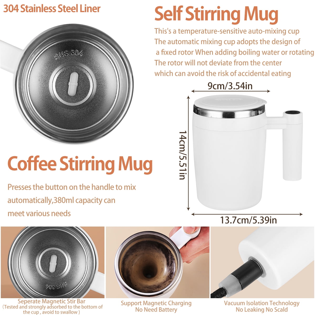 380ml Automatic Self Stirring Cup Coffee Milk Fruits Mixing Mug Blender USB  Rechargeable Electric Stainless Steel Thermal Cup