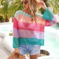 thumbnail image 4 of Mujeres Crochet Hollow Out Cover Up Manga larga Bloque de color Cuello redondo Bikini de playa Traje de baño Top de malla Púrpura M, 4 of 12