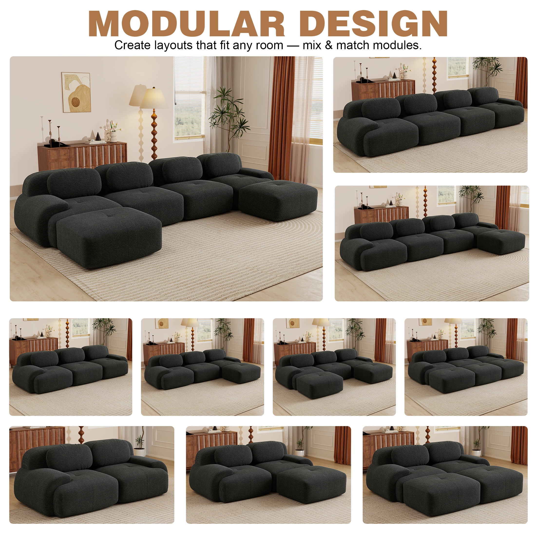 Aukfa 153" U-Shaped Modular Sectional Sofa, Deep Seat Living Room Couch, Corduroy, No Assembly, Black