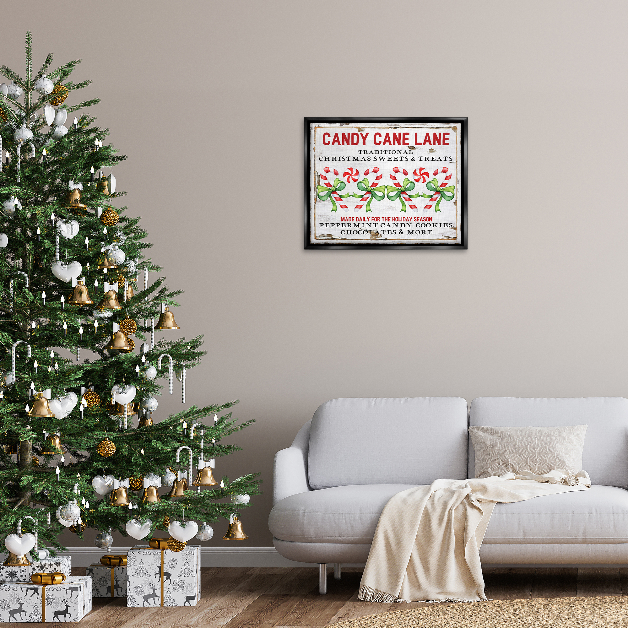 Stupell Industries Candy Cane Lane Sign Holiday Painting Black Floater Framed Canvas Art Prints Wall Art, 31 x 25