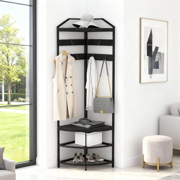 71.3 In Corner Coat Rack with 4 Shelves and 6 Hooks Hall Tree Shoe Storage Organizer for Entryway Bedroom and Office