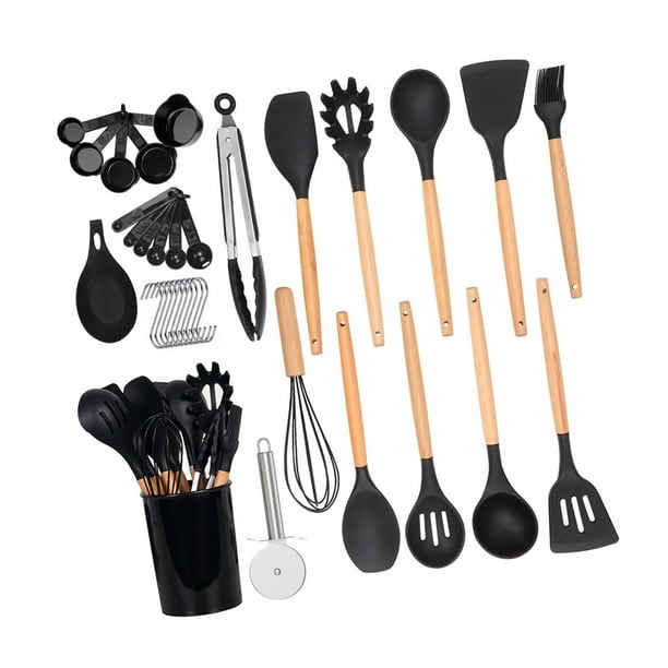 35x Utensilios de cocina multifuncionales Cuchara Batidor Utensilios de cocina con soporte Cepillo Calor Negro