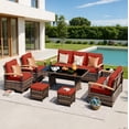 thumbnail image 2 of MEISSALIVVE 8 Pieces Patio Furniture Set with Dining Table, Outdoor Wicker Conversation Set with 3-Seat & 2-Seat Sofas, Wood Armrest Swivel Chairs, 2 Ottomans, Red, 2 of 10