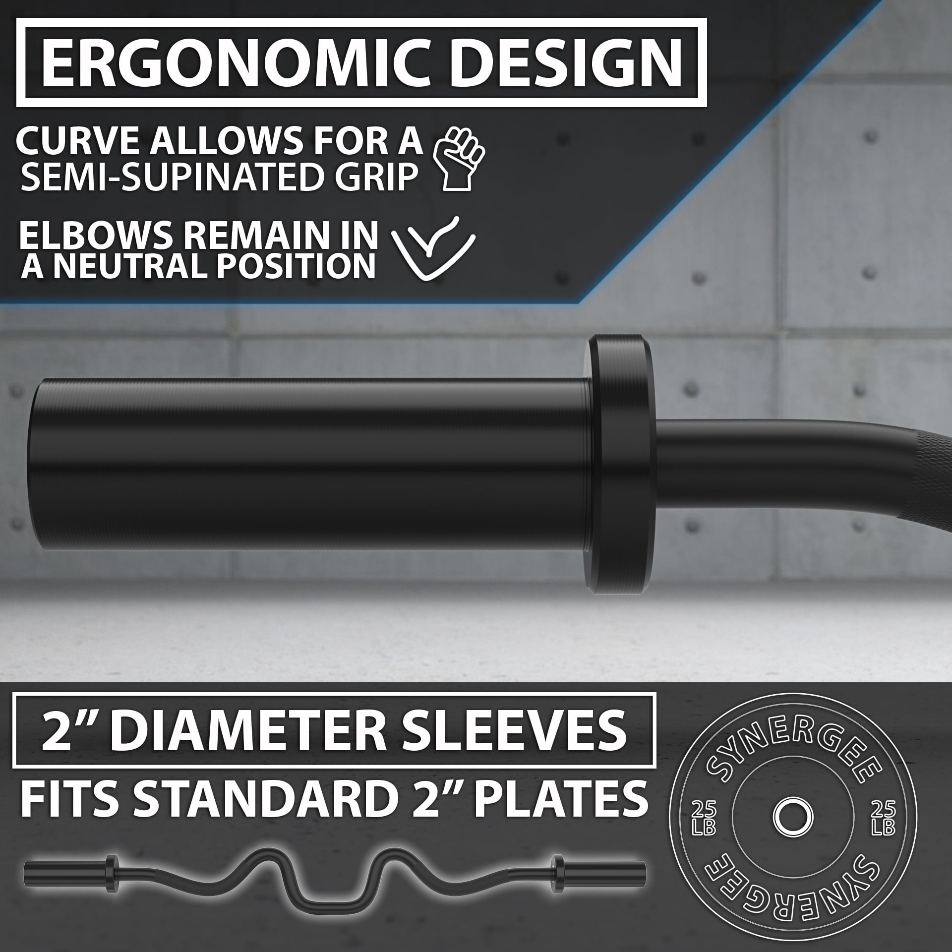 Synergee Commercial Super Easy Curl Olympic Bar Black Phosphate with Powder Coated Brass Bushings Excellent for Bicep Curls and Triceps Extensions