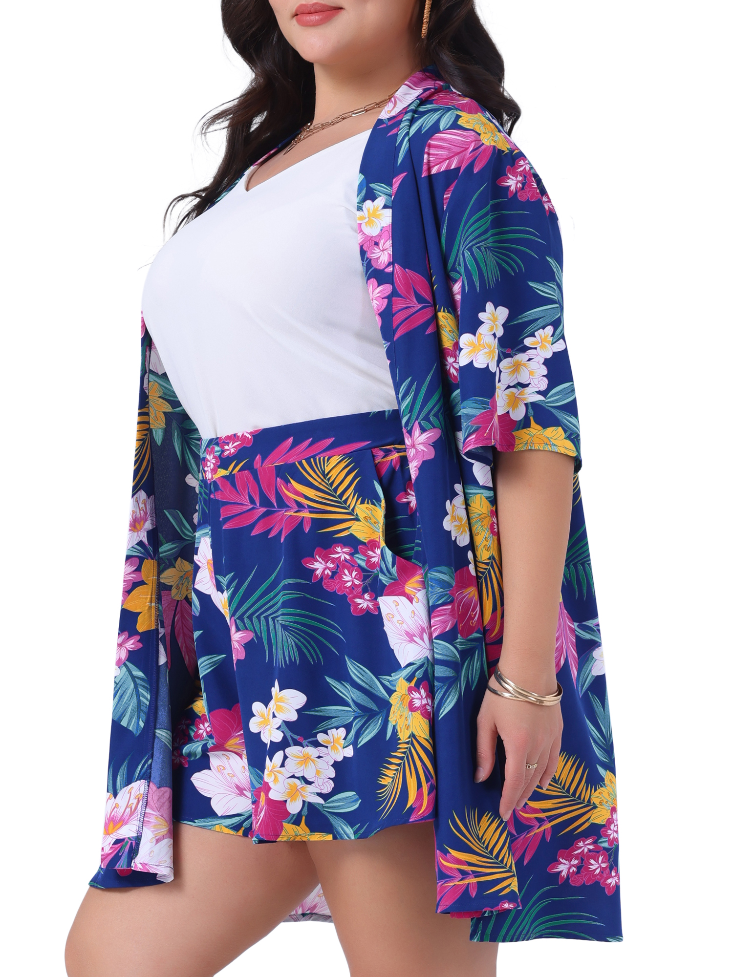 DARING DIVA Women's Plus 2 Pcs Tropical Kimono Floral Tops and Shorts Set Dark Blue 3X