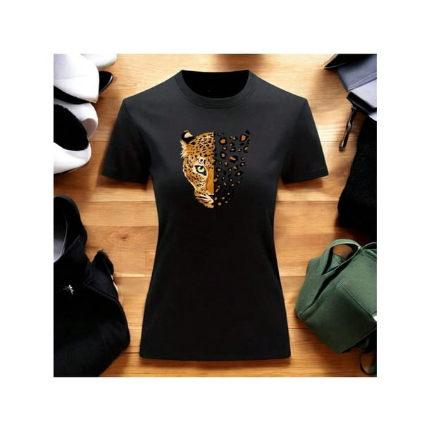 Playera Blusa Con Estampado De Jaguar Animal Print Ropa Para Mujer Color Negro Talla Chica Marca Emil SaEs