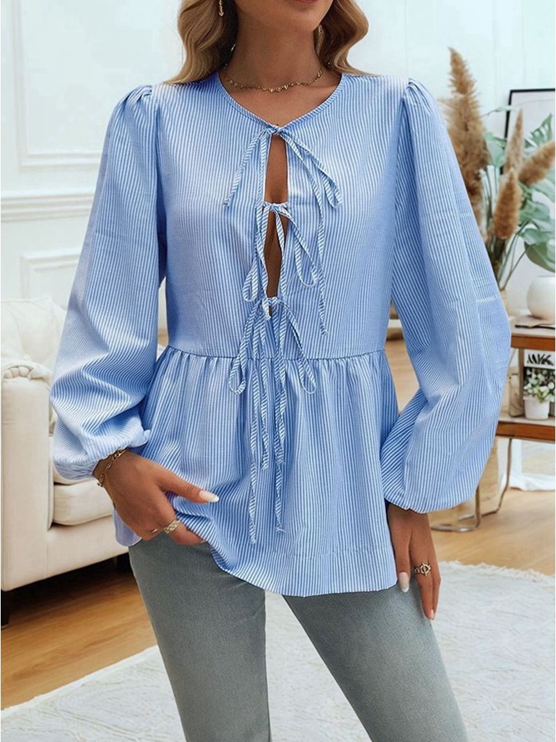 Women'S Tie Front Babydoll Blouse Tops Long Sleeve Stripe Peplum