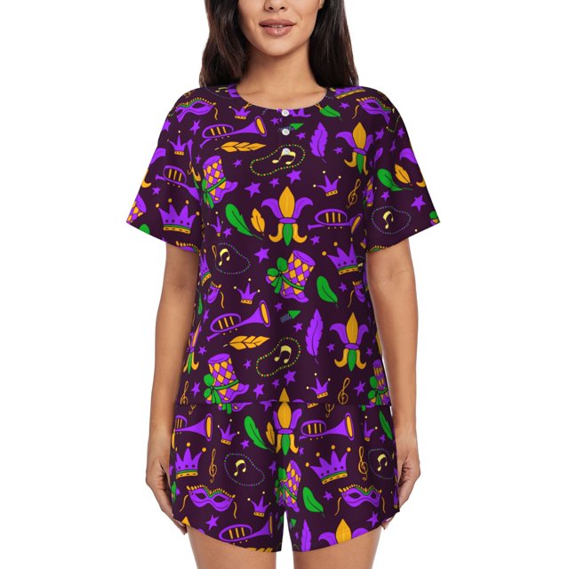 Fotbe Mardi Gra2 Conjunto de Pijama Estampado para Mujer, 2 Piezas, Ropa de Dormir con Camiseta de Manga Corta y Shorts Suaves-Large