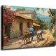 thumbnail image 1 of Lienzo óleo pueblo mexicano rural, campesino con sombrero caminando con burros, casas de adobe y buganvilias rojas, paisaje tradicional latino para sala y comedor., 1 of 6