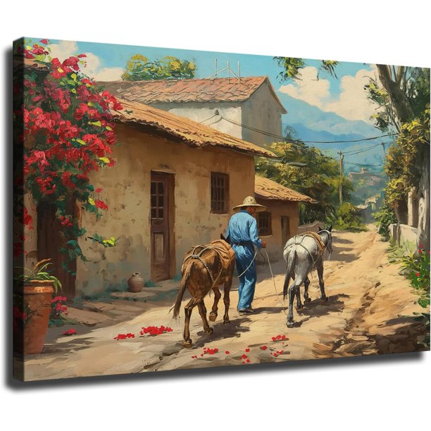 Lienzo óleo pueblo mexicano rural, campesino con sombrero caminando con burros, casas de adobe y buganvilias rojas, paisaje tradicional latino para sala y comedor.