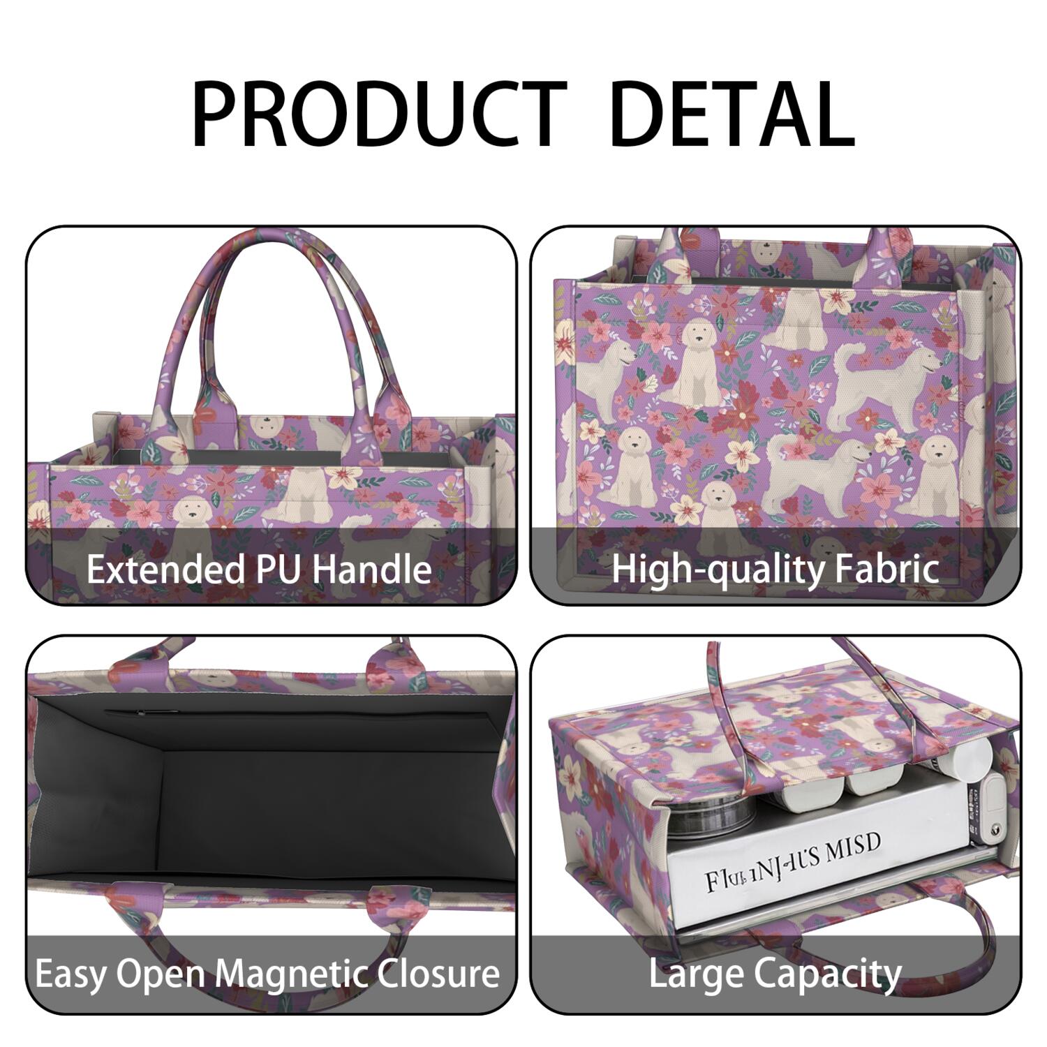 Large Capacity Tote Bag,Goldendoodle Dog and Flower Floral Handbag Fashion Luxury Tote Bag,15.7"x13"x 5.1" Inches,Laptop Compatible