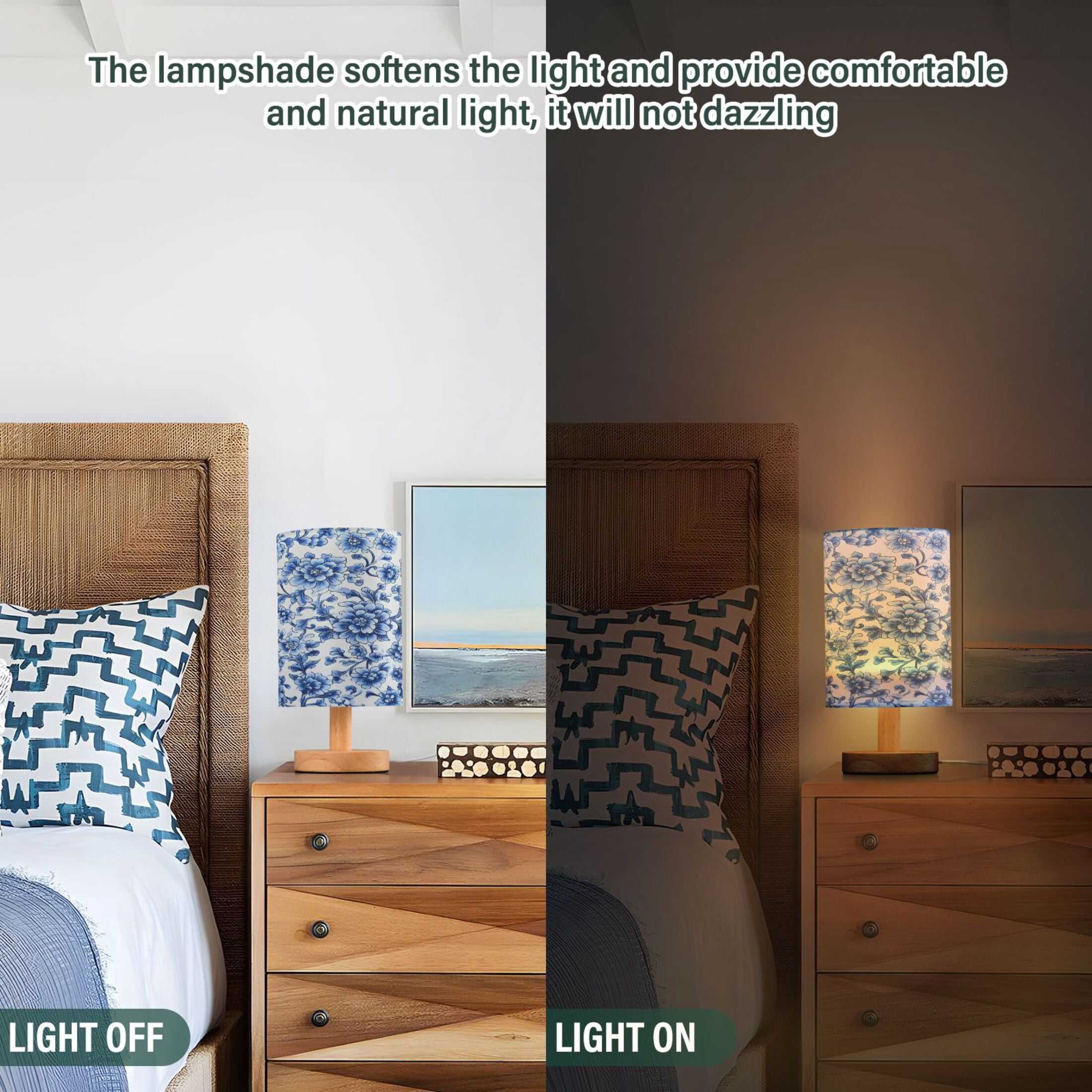 Blue and White Porcelain USB Powered Canvas Shade Desk Lamp LED Light with Stable Base for Home and Office