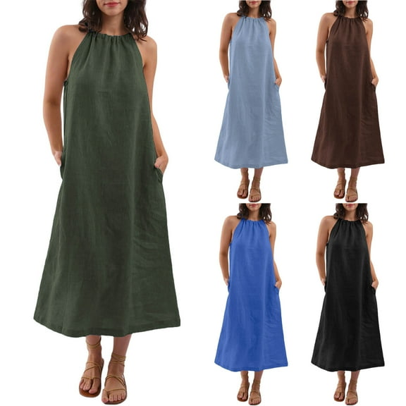 Sentmoon Linen Dress Halter Neck Sleeveless Womens Summer Dress Solid Color Loose Fit Plus Size Long Dresses for Women Casual Beach Day Essentials for Beach and Lounging Brown S