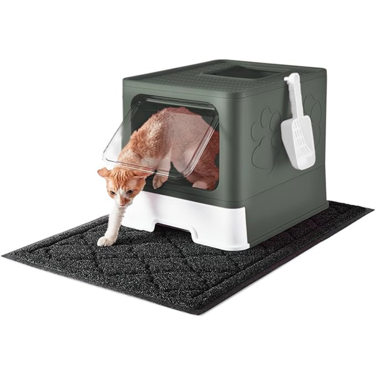Cat Litter Box with X-Litter Mat and Scoop, Large Foldable Litter Box with Lid, Enclosed Kitty Box,Front Top Entry Exit, Odor Control Easy to Clean (Upgrade Olive Green)