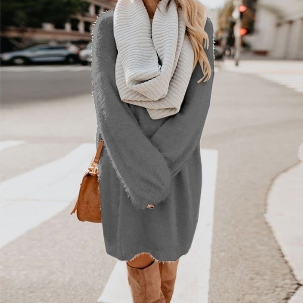 Cardigo Womens Winter Sweater Knit Turtleneck Warm Long Sleeve Pocket Mini Sweater Dress