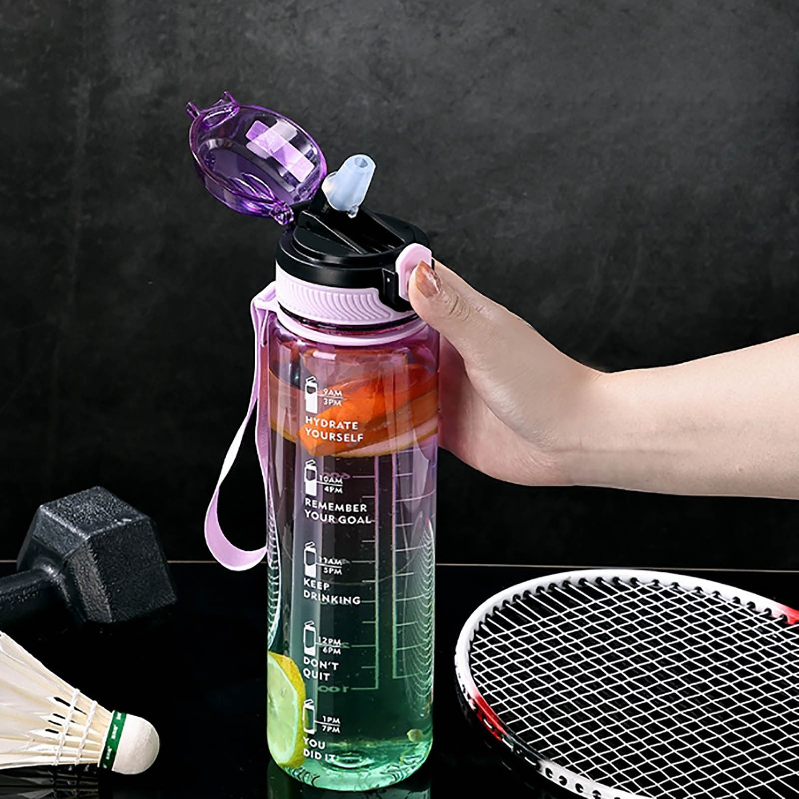 32oz Fitness Sports Water Bottle - Time Marked Hydration Tracker - Leakproof BPA-Free Design with Straw & Strap for Workouts, Travel & Daily Use - Gift for Gym Fitness & Outdoor