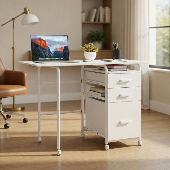 Spaco Home Office Folding Computer Laptop Desk Wheeled with 3 Drawers-White, Office Desk, Gaming Computer Desks for Study,Working,Writing