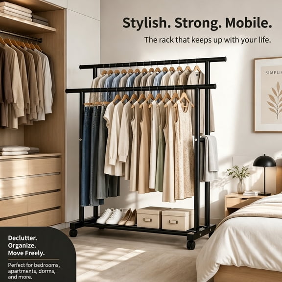 Double Rod Clothes Rack with Wheels, Heavy Duty Rolling Garment Rack with Bottom Storage Shelf, Portable Metal Clothing Rack for Hanging Clothes, Wardrobe Closet Rack for Bedroom Laundry Room, Black