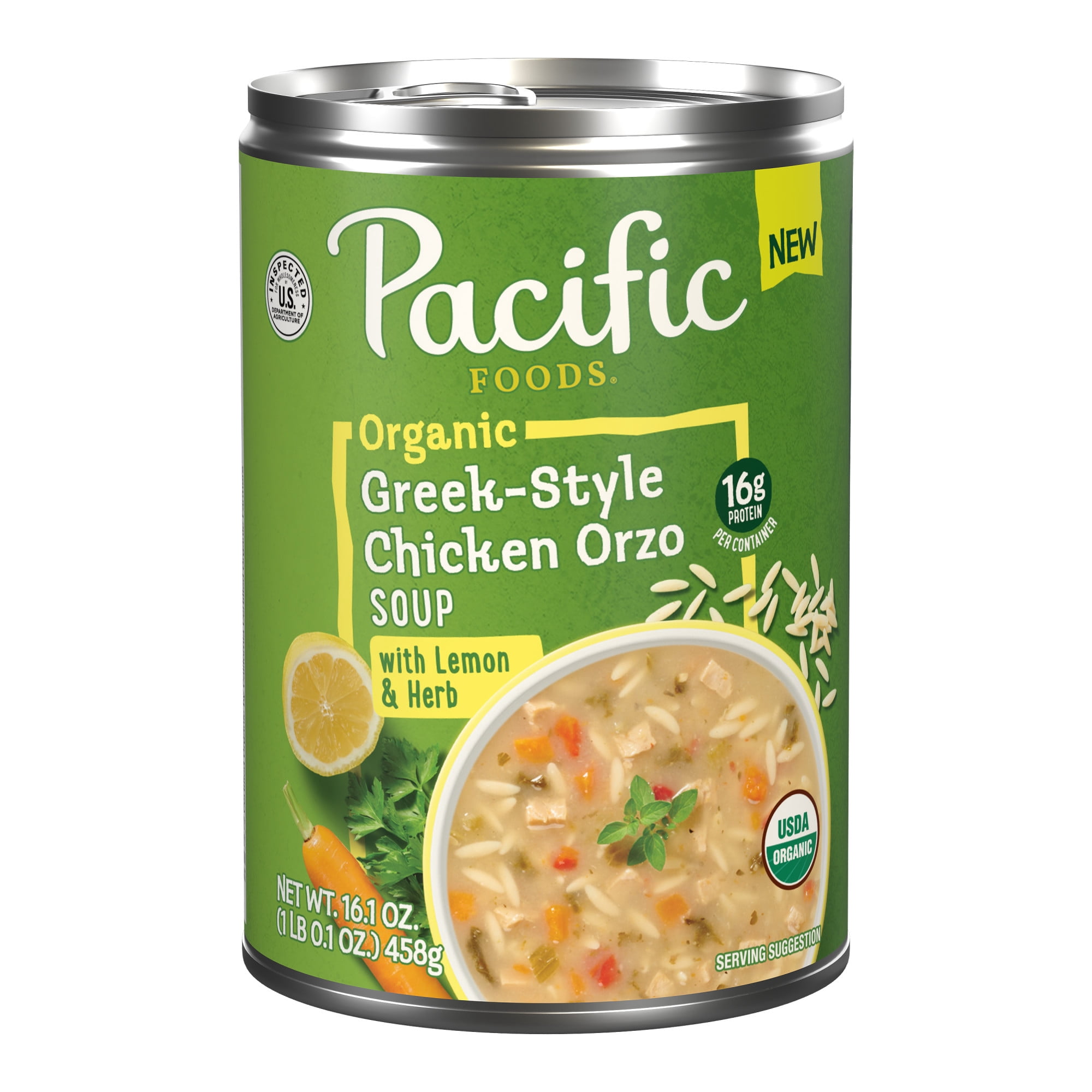 (12 pack) Pacific Foods Organic Greek-Style Chicken Orzo Soup with Lemon and Herb, 16.1 oz Can