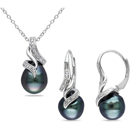 9-9.5mm Black Drop Tahitian Pearl with Diamond-Accent Sterling Silver Set of Pendant and Leverback Earrings, 18