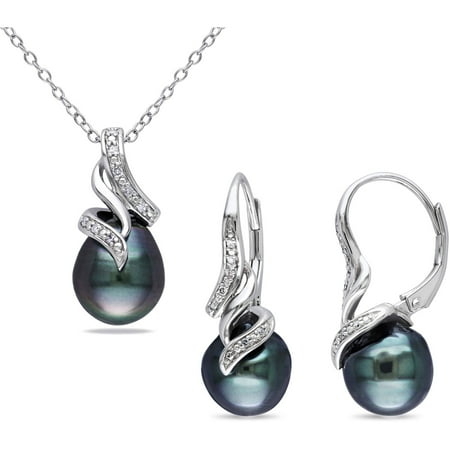 Genuine Black Tahitian Pearl 9-9.5mm Black Drop Tahitian Pearl with Diamond-Accent Sterling Silver Set of Pendant and Leverback Earrings, 18 ()