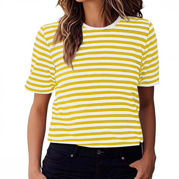 Casual Short Sleeve Striped Print T Shirt Crew Neck Top for Everyday Wear Comfortable and Stylish Blouse,Light Yellow,M