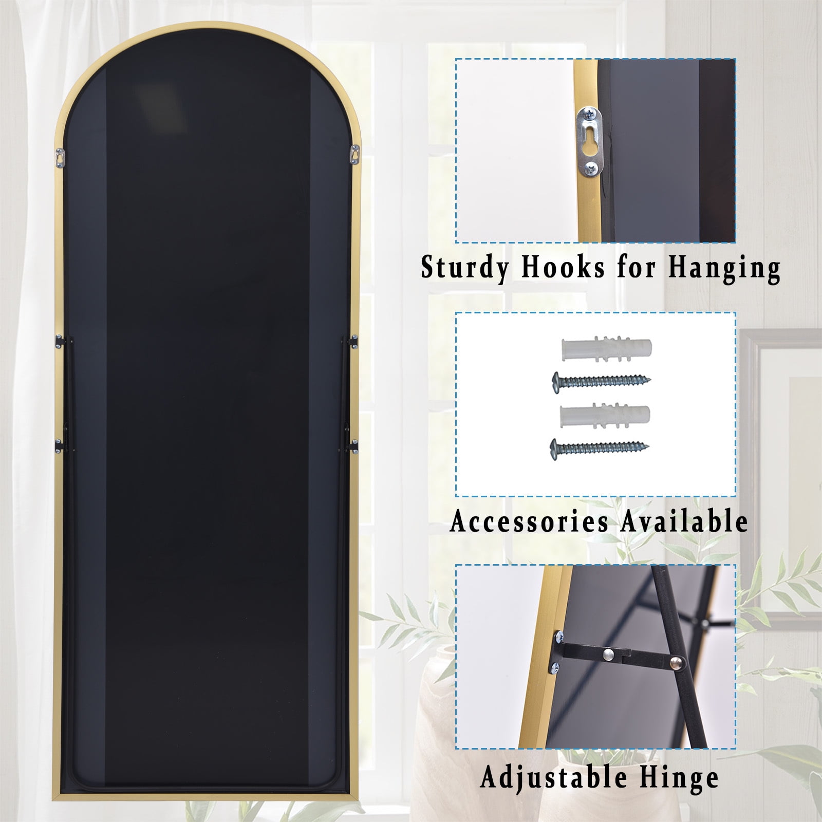 Anyrose 34"x76" Full Length Mirror with Arch-Top Standing Mirror Wall Mounted, Gold