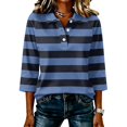 thumbnail image 2 of Satingcolo Women's Striped Polo t-Shirt Summer Oversized Contrast 3/4 Sleeve Half Button-up Pullover Tops Loose Basic Tees,Navy 3XL, 2 of 6
