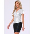 thumbnail image 4 of DARING DIVA Women's Metallic V Neck Ruffle Sleeve Shiny Wrap Blouse L Silver, 4 of 6