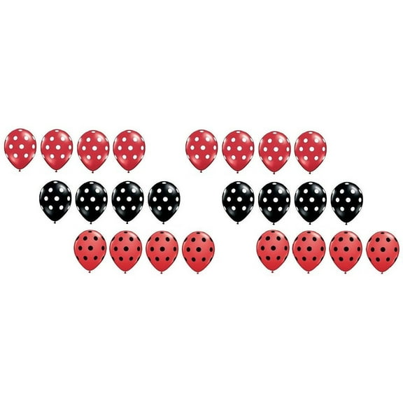 24 Pieces Count 11" BLACK and RED with White and Black Polka Dots Qualatex Brand Air or Helium Ladybug Dotted Latex Party Balloons Set