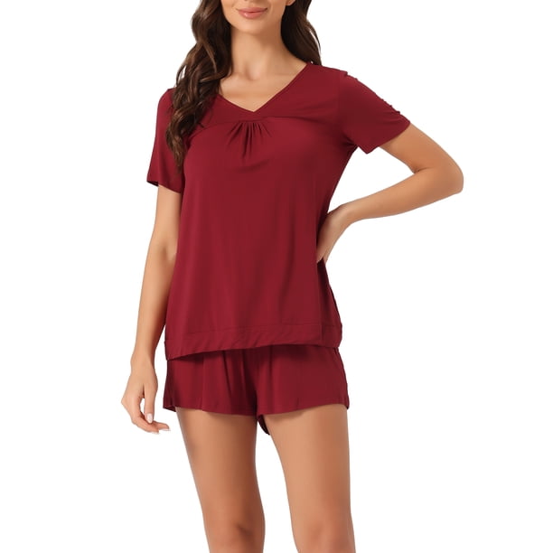 Conjuntos de pijama de mujer INSPIRE CHIC, ropa de salón casual, tops de cuello en V con mangas cortas y pantalones cortos, XS, rojo