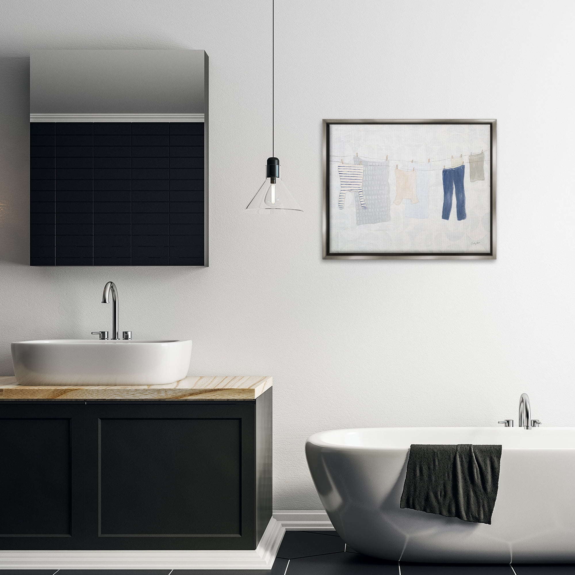 Stupell Industries Laundry Day Hanging Clothes Bath & Laundry Painting Gray Floater Framed Canvas Art Print Wall Art, 31 x 25