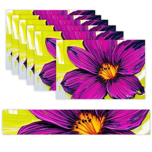 7 Piece Linen Table Runner and Placemats Set, Purple Flower Painting Round Corner Heat Resistant Washable Table Mats for Home Kitchen Dining Party Decoration