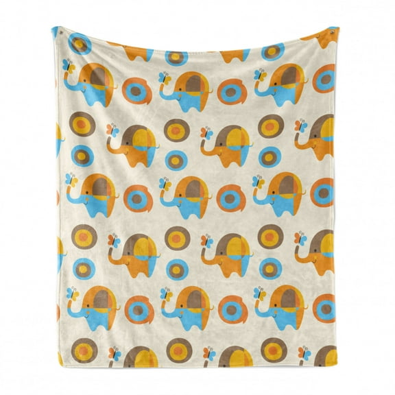 Modern Soft Flannel Fleece Throw Blanket, Abstract with Butterfly and Oval Circles Childish Pattern Kids Print, Cozy Plush for Indoor and Outdoor Use, 60" x 80", Orange Taupe Blue, by Ambesonne