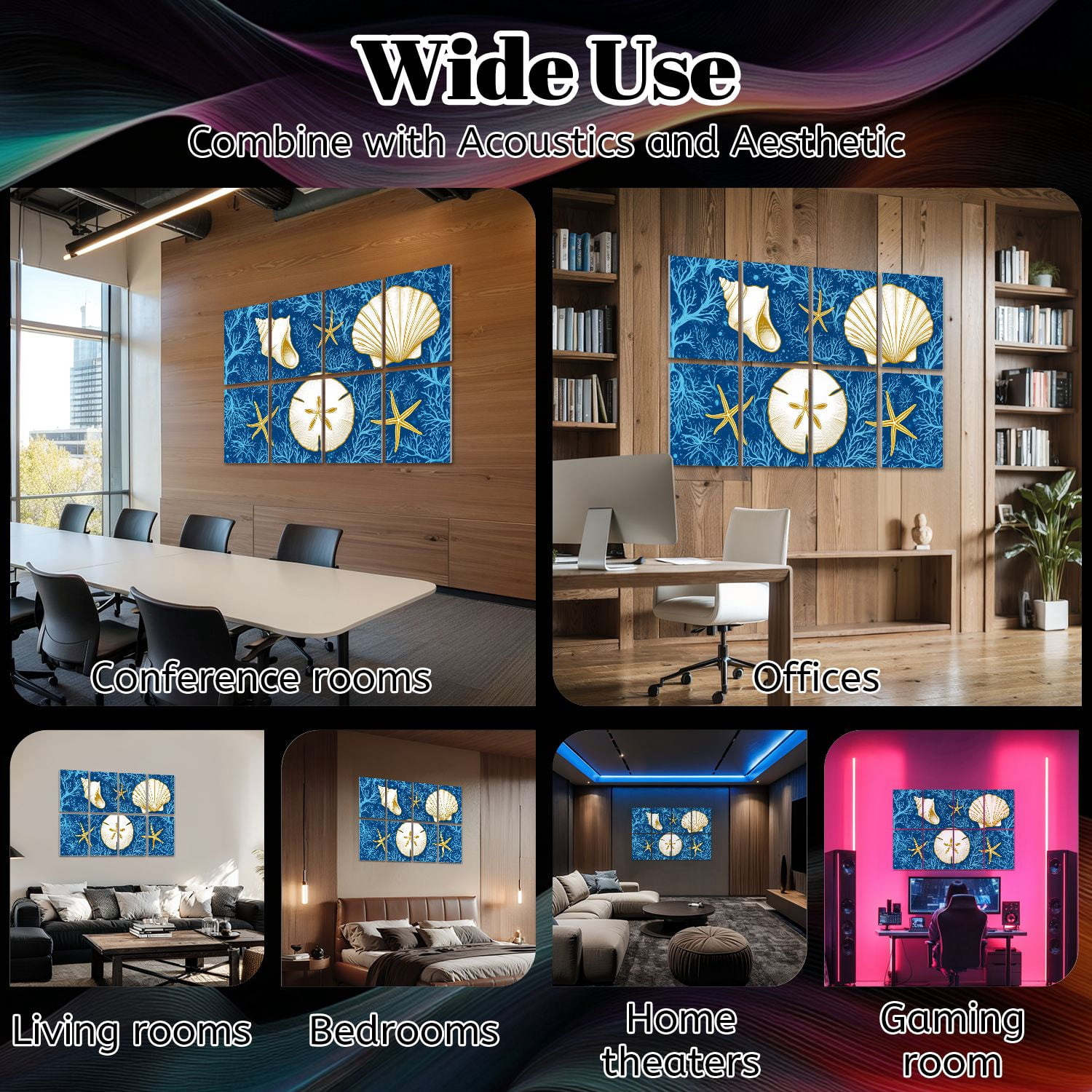 8 Pack Art Acoustic Panels Sound Absorbing Ocean Inspired Seashore boho Decorative Soundproof Wall Panels Self Adhesive for Nursery Game Room Bedroom 48"x32"