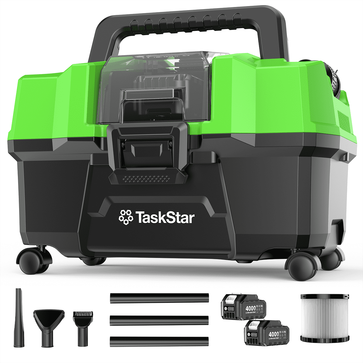 Taskstar 2.6 Gal Brushless Cordless Shop Vacuum Wet Dry with Blower, 2 *4.0Ah Batteries, Strap, 4 Wheels for Garage, Car, Workshop, House
