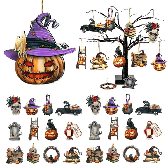 Clearance 24 PCS Halloween Wood Ornaments, 12 Styles for Tree Halloween Decorations Skull Black Pumpkin Hanging Signs Witch Hats Finger Crow Wood Cutouts with Ropes for Home Party Indoor Decor