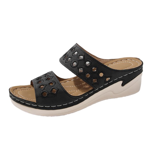 Bmisegm Women's Summer Slope Heel Solid Color Open Toe Embroidery Thick Bottom Slippers Sandals Sandals Women Summer Black 7