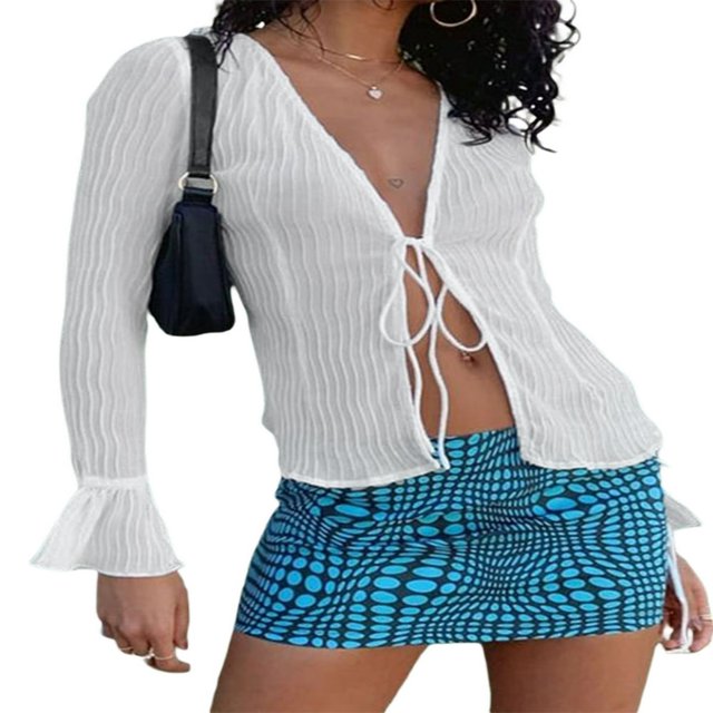 Women Pleated Shirt Long Sleeve Deep V Neck Ruffle Summer Tops