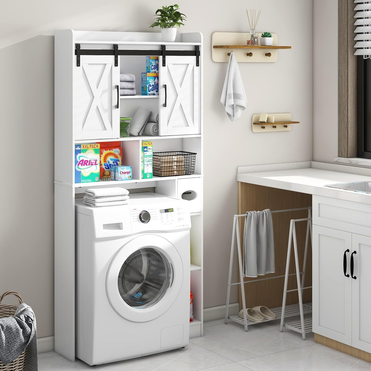 Vabches Over The Toilet Storage Cabinet with Sliding Doors & Toilet Paper Holder, Bathroom Organizer Space Saver, White