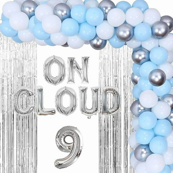 On Cloud 9 Birthday Decorations for Girls, Baby Blue Balloons Garland Kit Fringe Curtains for Nine Year Old Girl, Bride On Cloud 9 Balloons for 9th Birthday Party Supplies