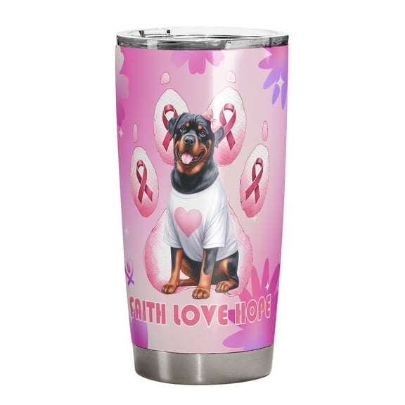 Faith Love Hope Rottweiler Breast Cancer Awareness Survivor 20oz Stainless Steel Tumbler Insulated Cup with Lid Rottie Dog Lover Gifts Idea - 02017