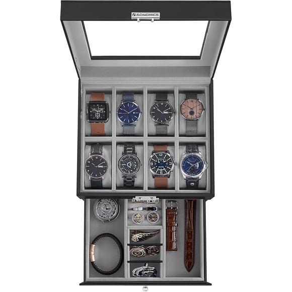 SONGMICS Caja de reloj con cerradura de seguridad y tapa de cristal 8 espacios