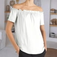 thumbnail image 2 of Seductiva Women's T-Shirts Short Sleeve Summer Tops Women's off the Shoulder Ruffled Shirt one Line Shoulder Short Sleeve Top Casual Summer Tops Trendy Solid Loose Fit Tshirt Summer Tops Short Sleeve, 2 of 4